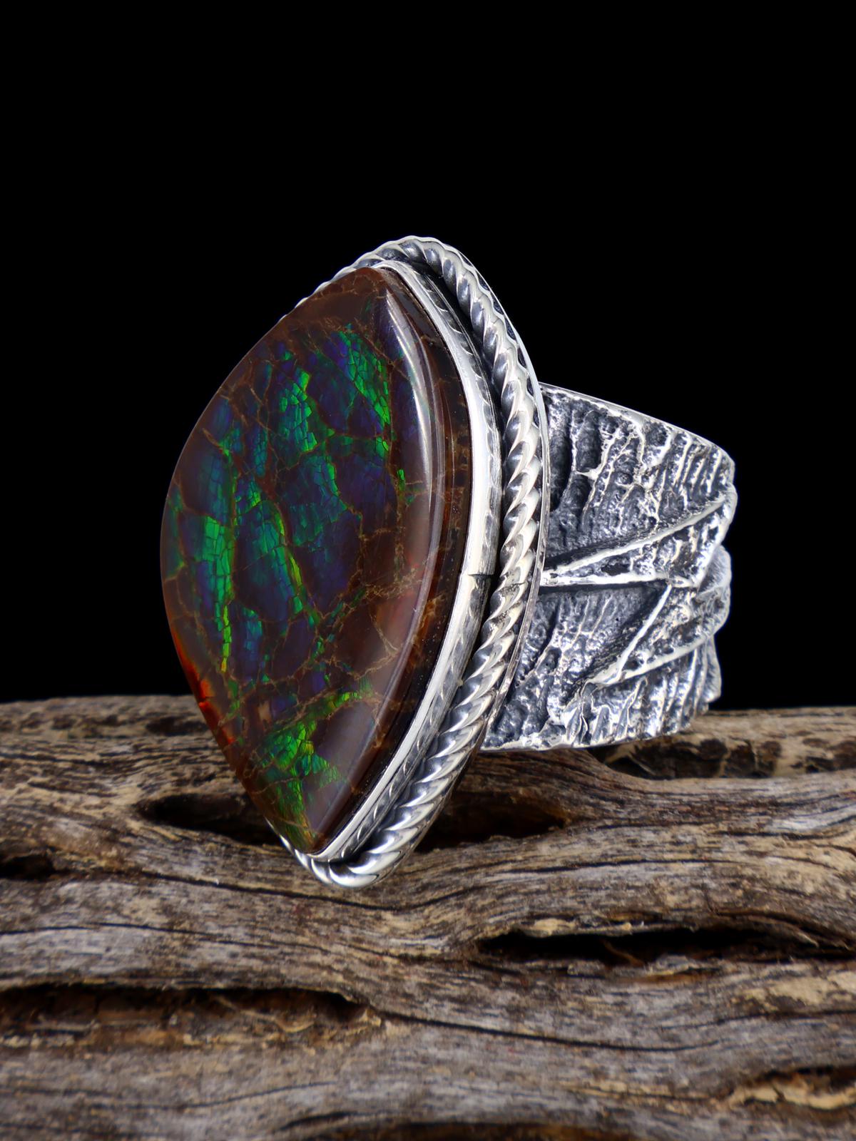 Navajo Tufa Cast Sterling Silver Ammolite Ring Size 9.5