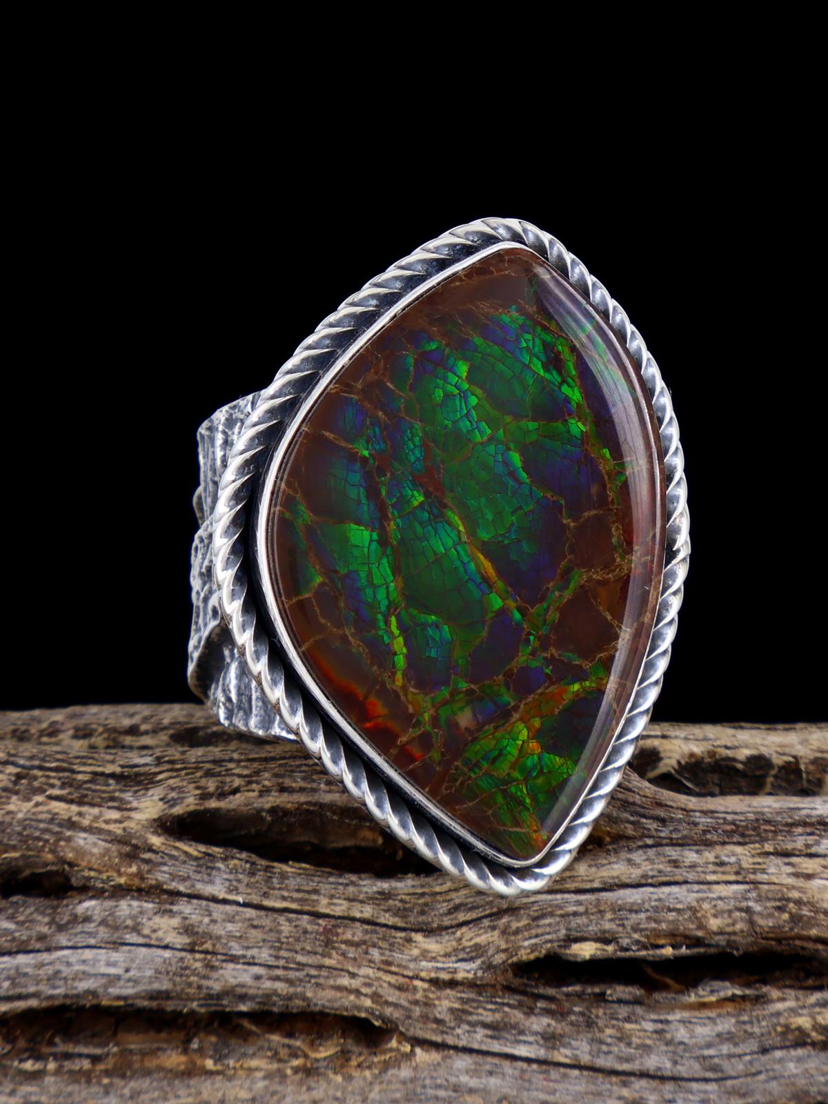 Navajo Tufa Cast Sterling Silver Ammolite Ring Size 9.5