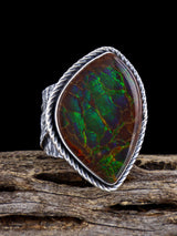 Navajo Tufa Cast Sterling Silver Ammolite Ring Size 9.5