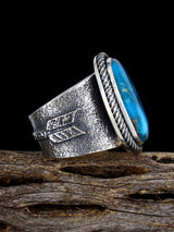 Navajo Tufa Cast Sterling Silver Blue Ridge Turquoise Ring Size 10.5 - PuebloDirect.com