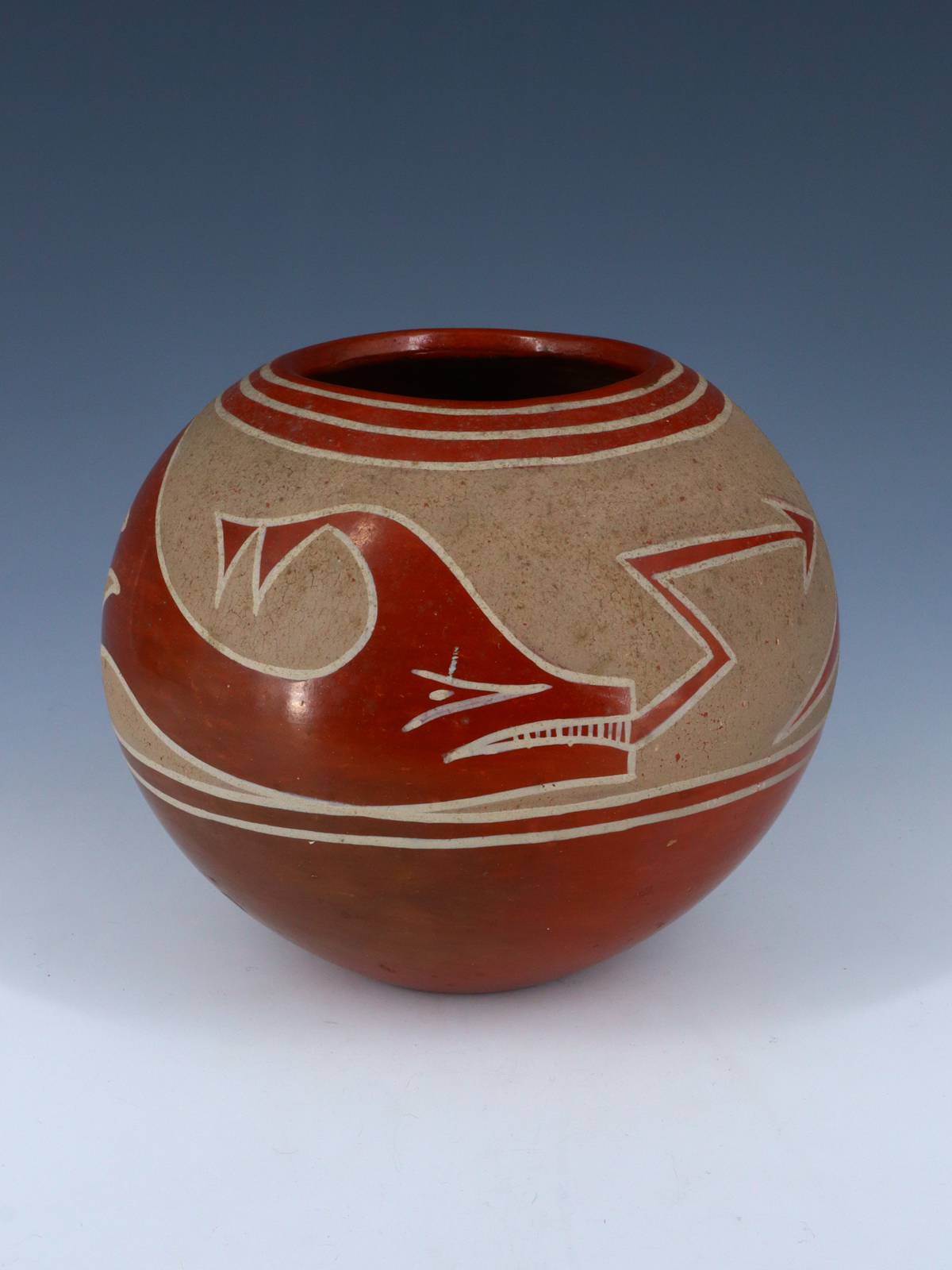 Vintage San Ildefonso Hand Coiled Avanyu Redware Pottery Jar - PuebloDirect.com