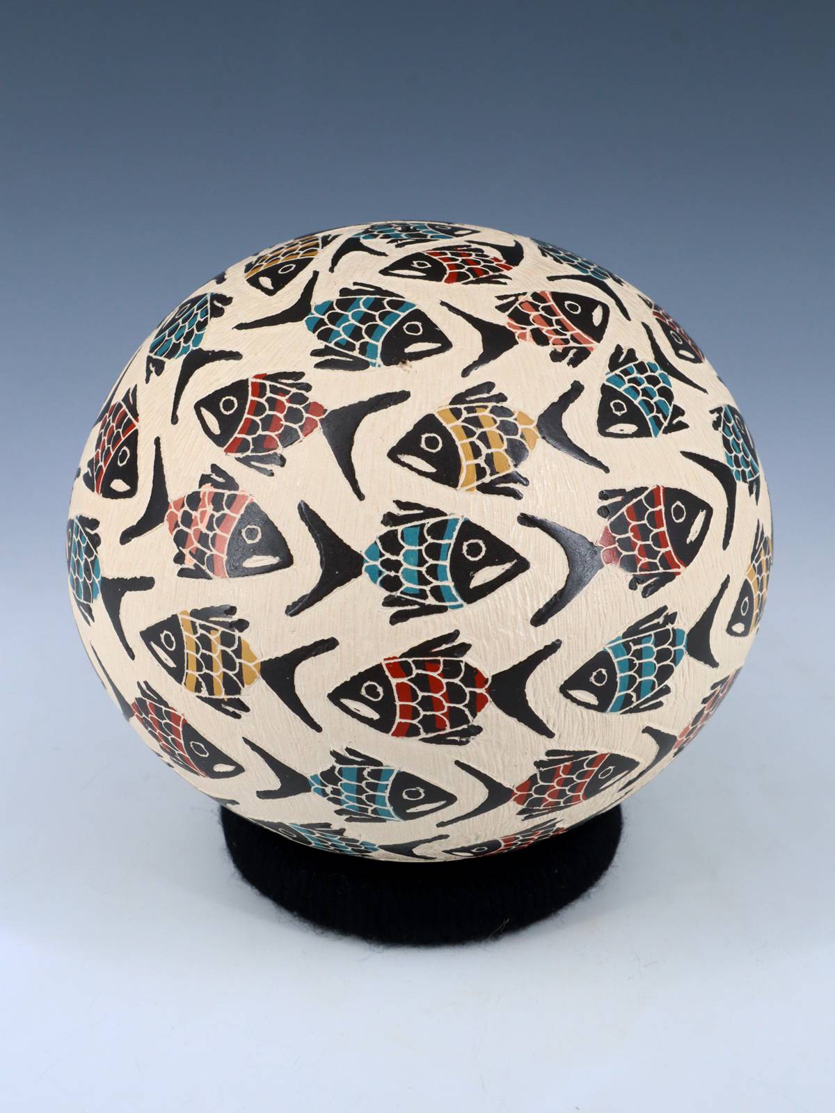 Mata Ortiz Hand Coiled Etched Fish Pottery Seed Pot