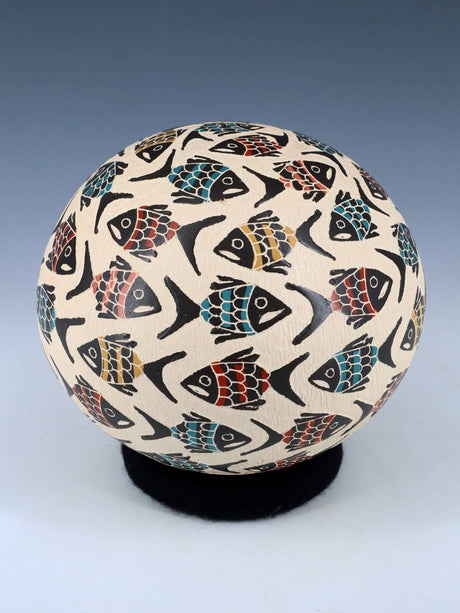 Mata Ortiz Hand Coiled Etched Fish Pottery Seed Pot