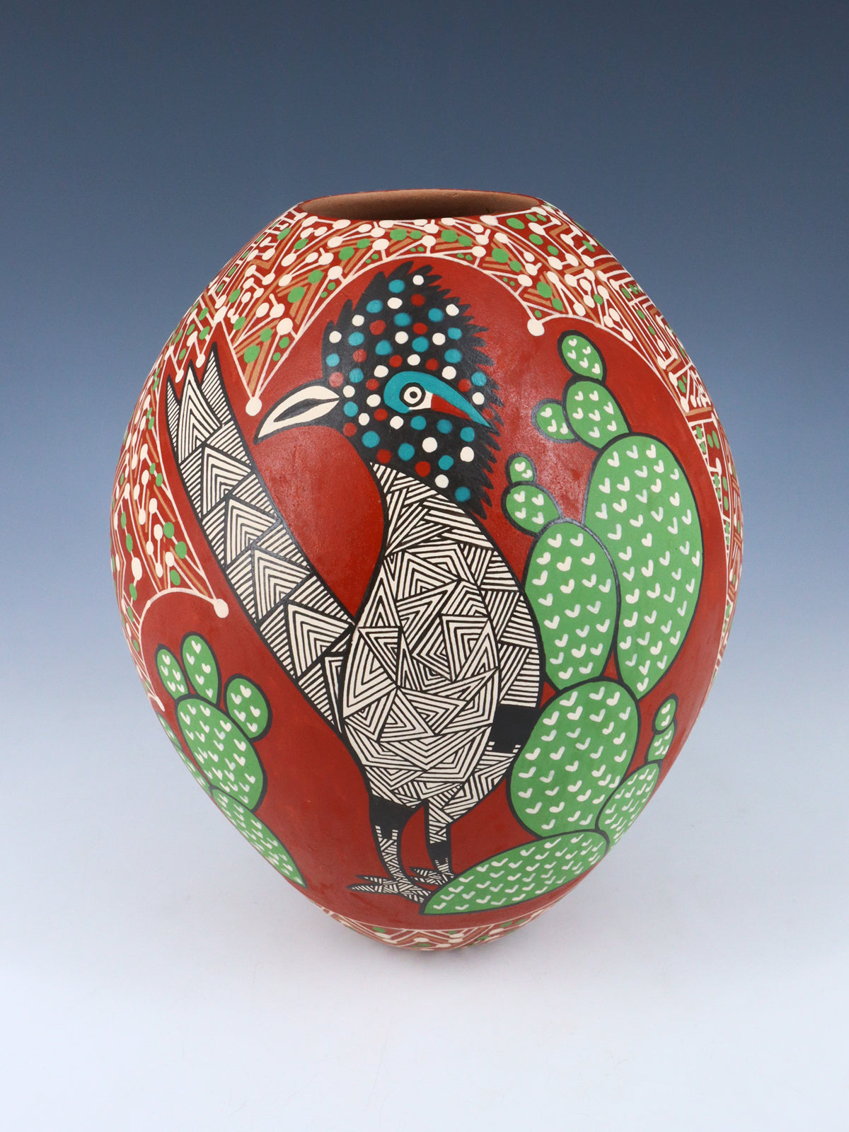 Mata Ortiz Hand Coiled and Painted Roadrunner Pottery Vase