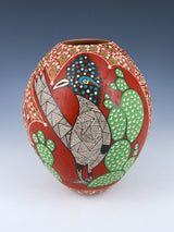 Mata Ortiz Hand Coiled and Painted Roadrunner Pottery Vase