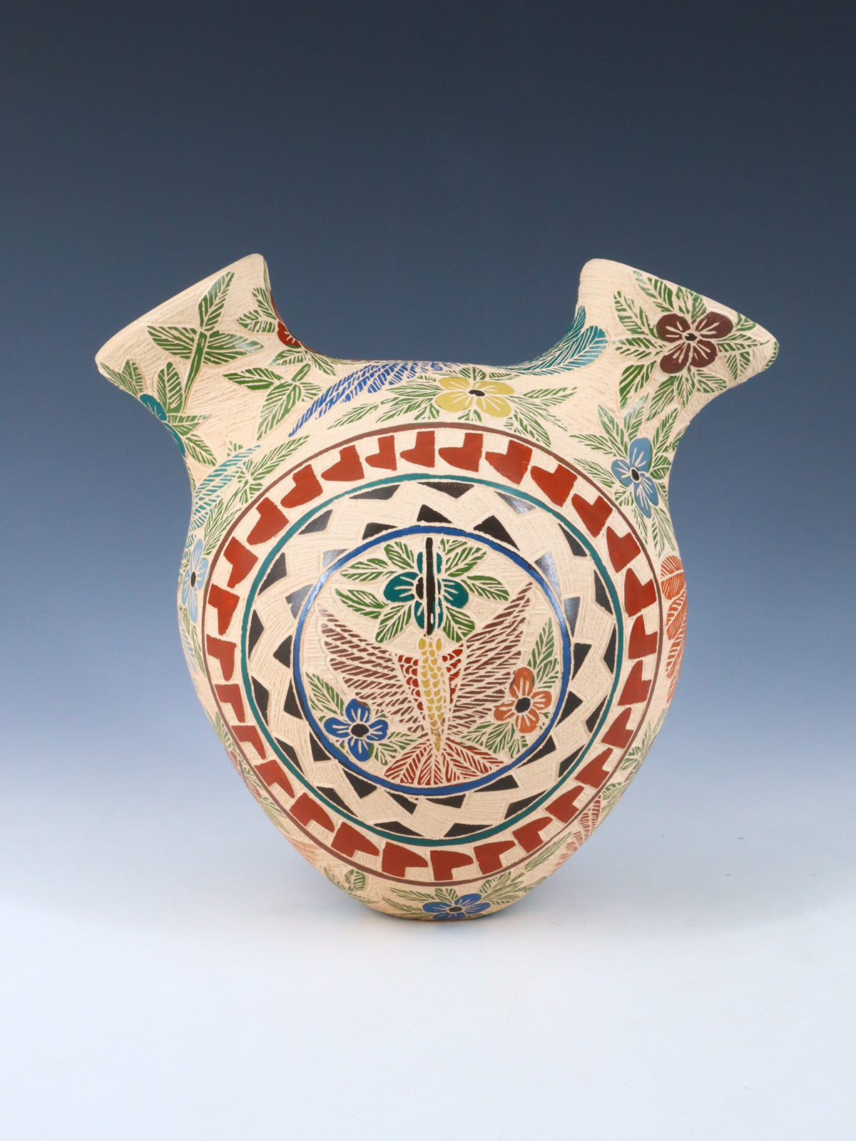 Mata Ortiz Hand Coiled Clay Pottery Double Spout Vase