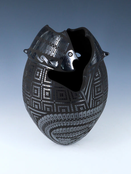 Mata Ortiz Hand Coiled Black Pottery Vase