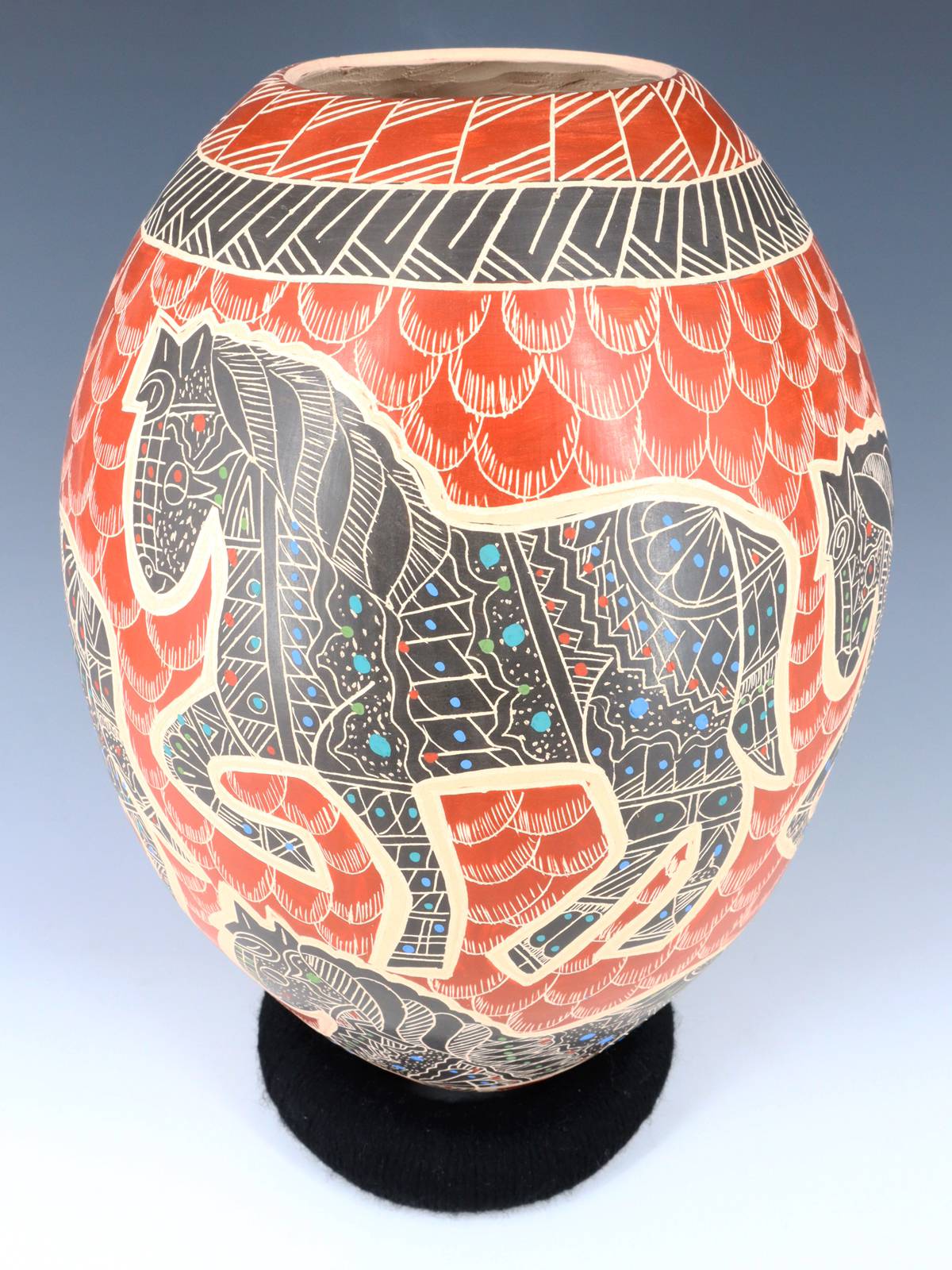 Mata Ortiz Hand Coiled Etched Horse Pottery