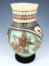 Mata Ortiz Hand Coiled Painted Hummingbird Pottery Vase