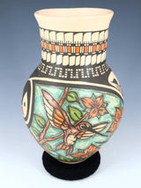Mata Ortiz Hand Coiled Painted Hummingbird Pottery Vase