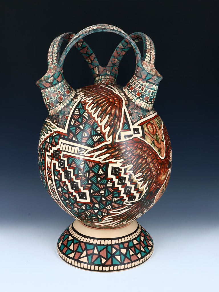 Large Mata Ortiz Hand Coiled Parrot Triple Wedding Vase - PuebloDirect.com