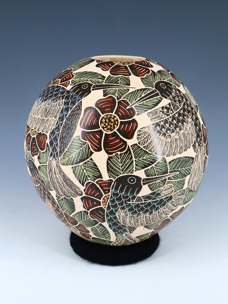 Mata Ortiz Hand Coiled Etched Hummingbird Pottery
