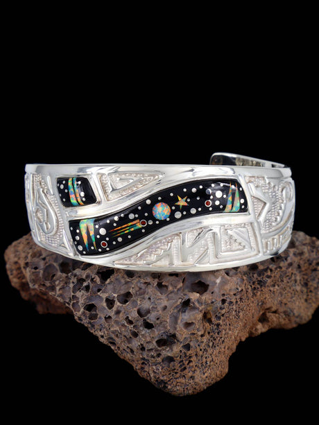 Navajo Sterling Silver Night Sky Inlay Bracelet - PuebloDirect.com