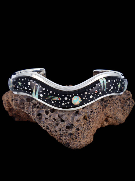 Navajo Sterling Silver Night Sky Inlay Cuff Bracelet - PuebloDirect.com