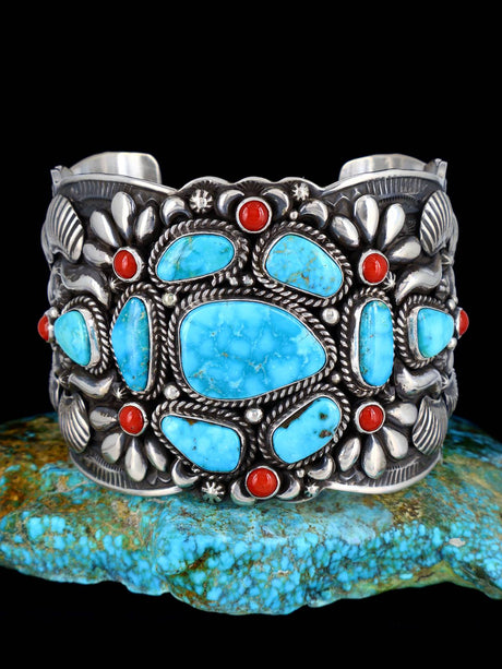 Native American Jewelry Kingman Turquoise and Coral Mosaic Cuff Bracelet - PuebloDirect.com
