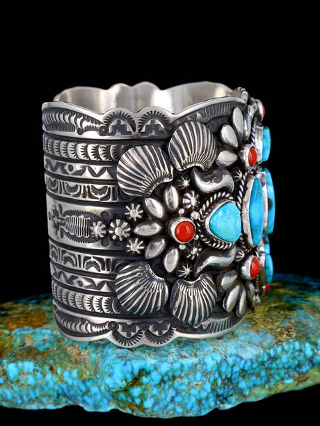 Native American Jewelry Kingman Turquoise and Coral Mosaic Cuff Bracelet - PuebloDirect.com