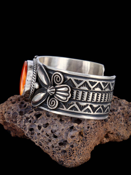 Navajo Jewelry Sterling Silver Orange Spiny Oyster Cuff Bracelet - PuebloDirect.com