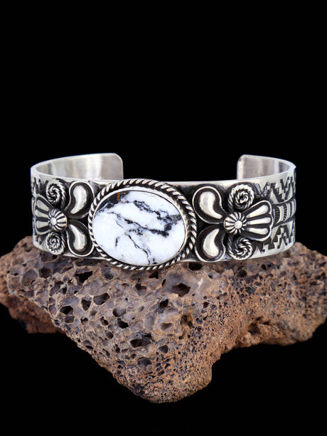 Navajo Jewelry Sterling Silver White Buffalo Cuff Bracelet - PuebloDirect.com