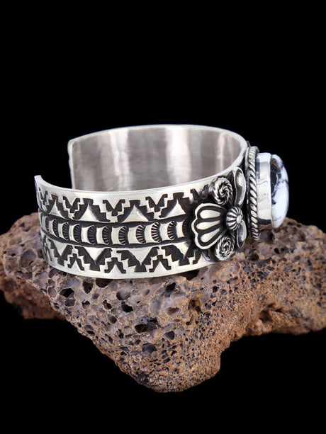 Navajo Jewelry Sterling Silver White Buffalo Cuff Bracelet - PuebloDirect.com