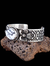 Navajo Jewelry Sterling Silver White Buffalo Cuff Bracelet - PuebloDirect.com