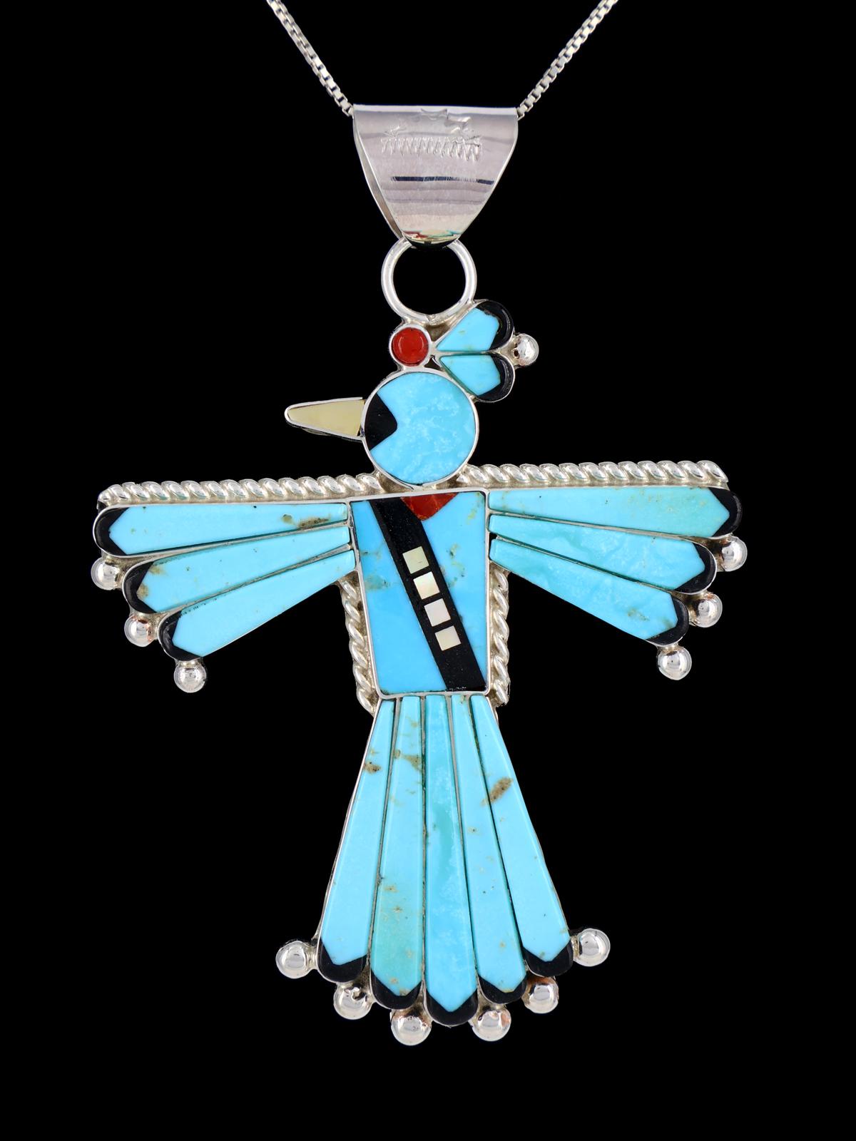 Turquoise Sterling Silver Zuni Thunderbird Pendant - PuebloDirect.com