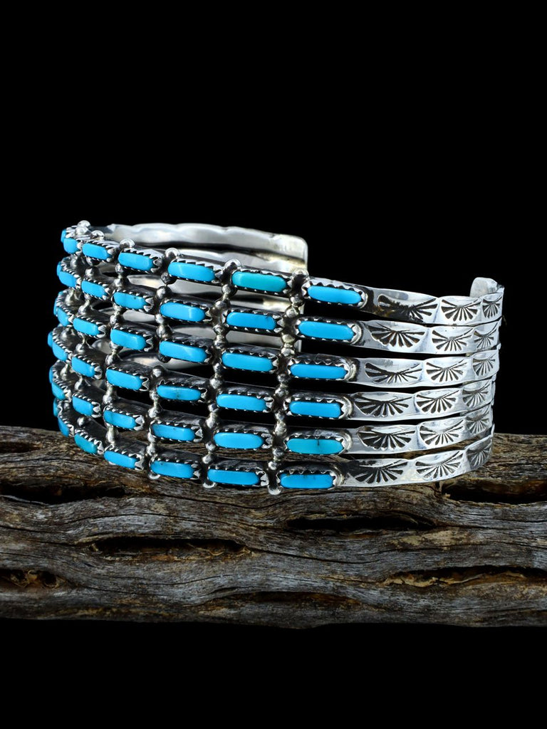 Sterling Silver Zuni Turquoise Inlay Row Bracelet - PuebloDirect.com