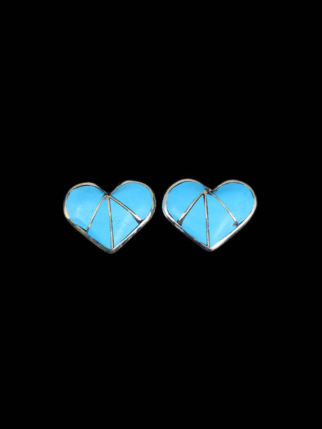 Native American Zuni Inlay Turquoise Heart Post Earrings - PuebloDirect.com