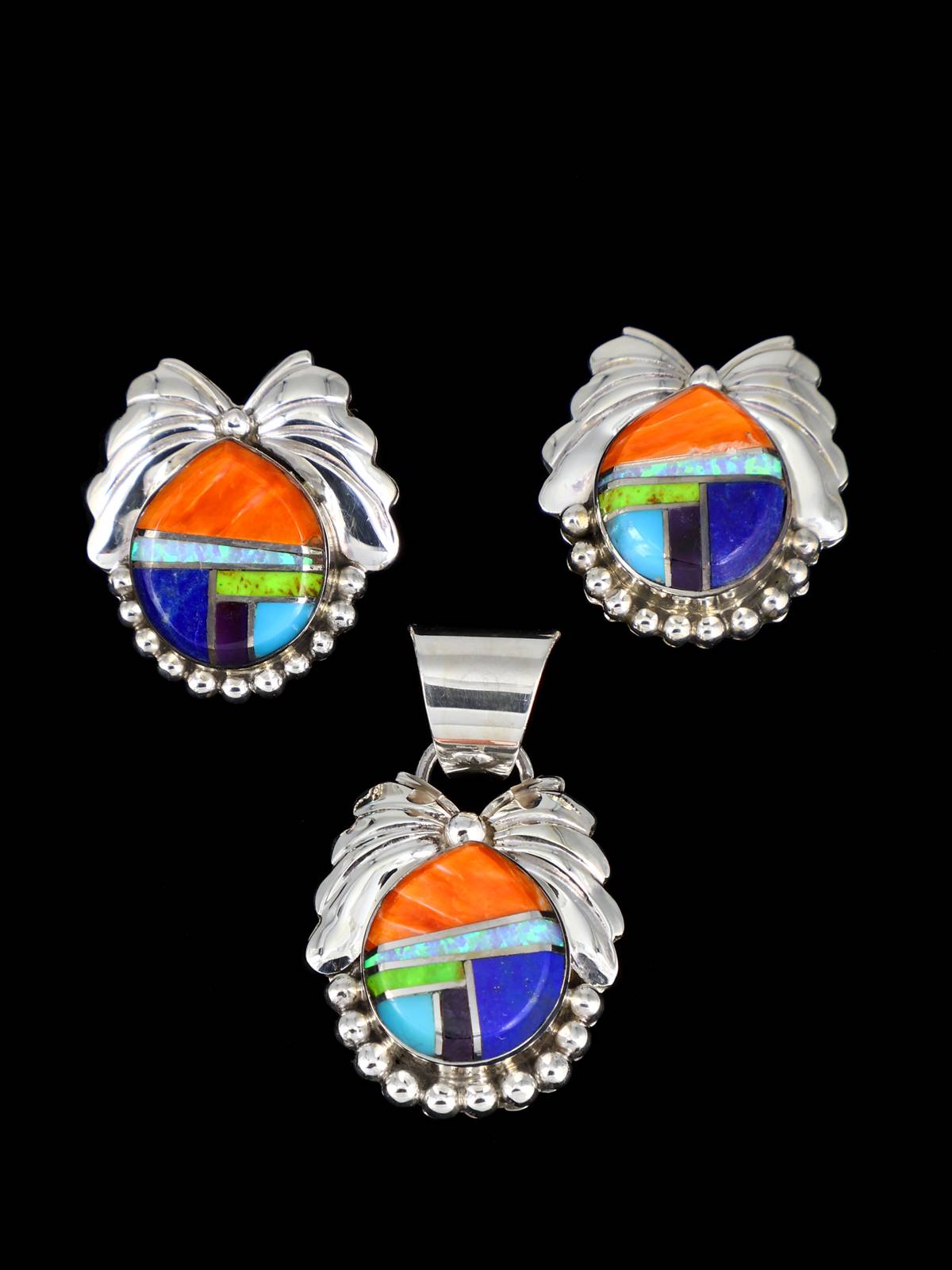 Native American Sterling Silver Multistone Inlay Necklace Set - PuebloDirect.com