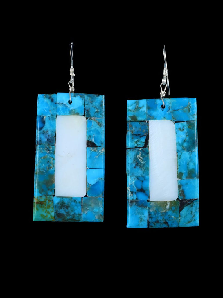 Navajo Turquoise and Mother of Pearl Mosaic Dangle Earrings - PuebloDirect.com