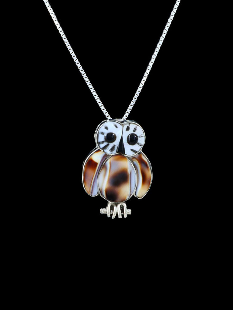 Zuni Inlay Sterling Silver Shell Owl Pendant - PuebloDirect.com