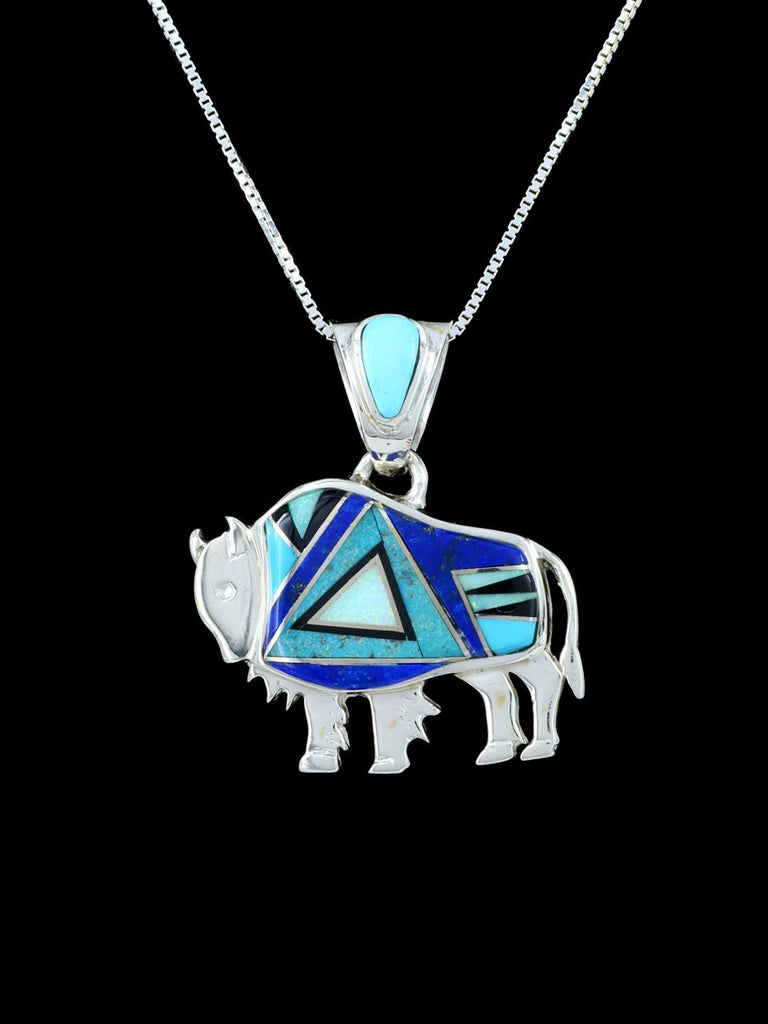Native American Turquoise and Lapis Inlay Bison Pendant - PuebloDirect.com
