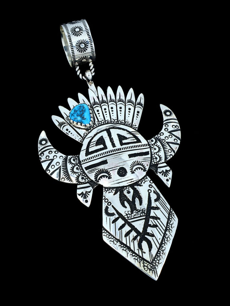 Native American Kingman Turquoise Overlay Sunface Warrior Pendant - PuebloDirect.com