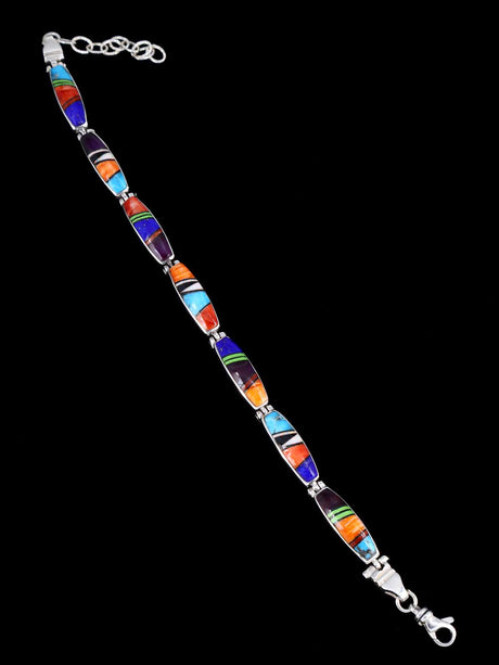 Native American Sterling Silver Multistone Inlay Link Bracelet - PuebloDirect.com