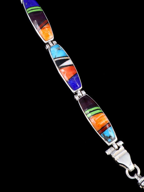 Native American Sterling Silver Multistone Inlay Link Bracelet - PuebloDirect.com