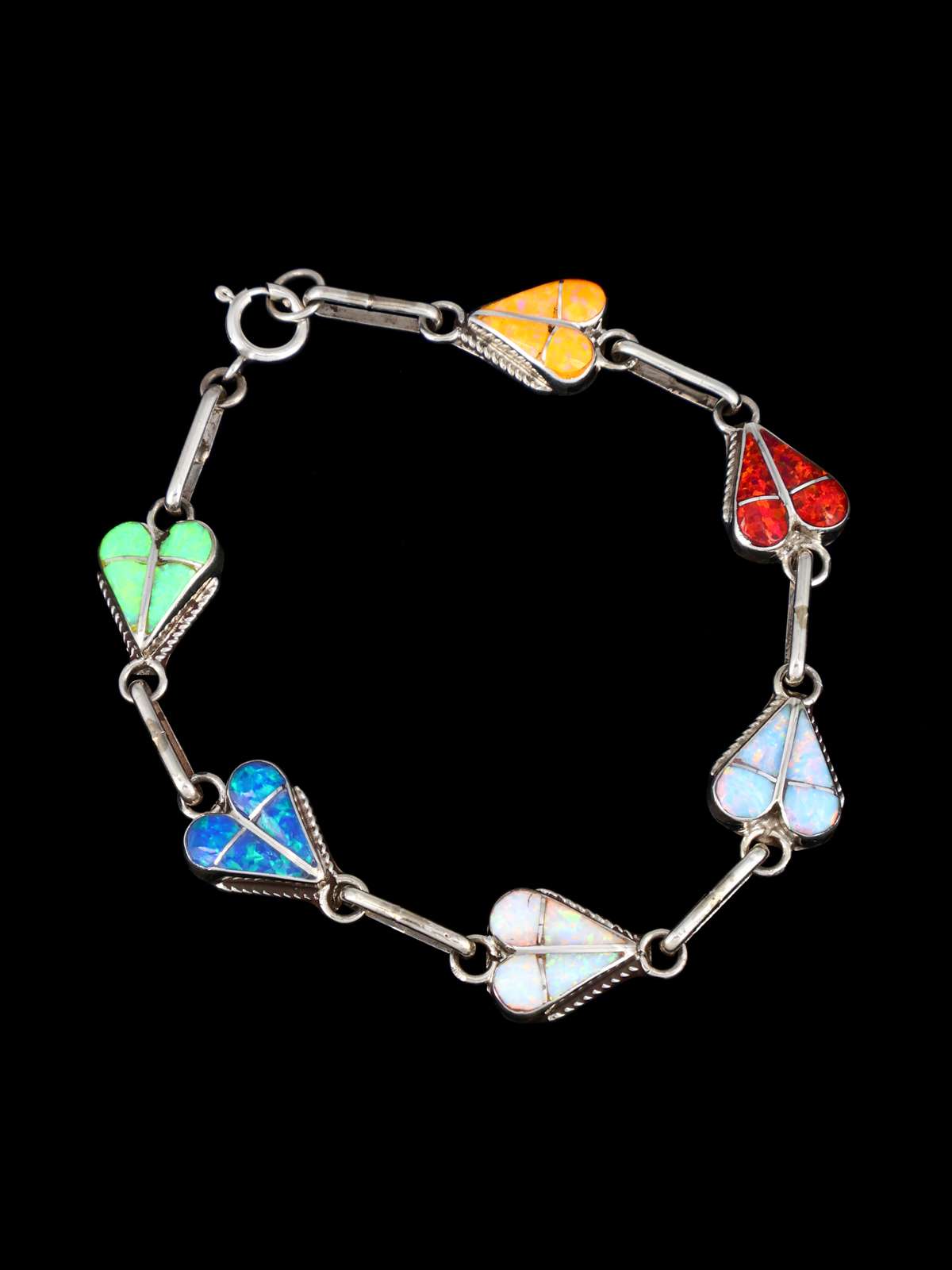 Native American Jewelry Zuni Inlay Opalite Heart Link Bracelet - PuebloDirect.com