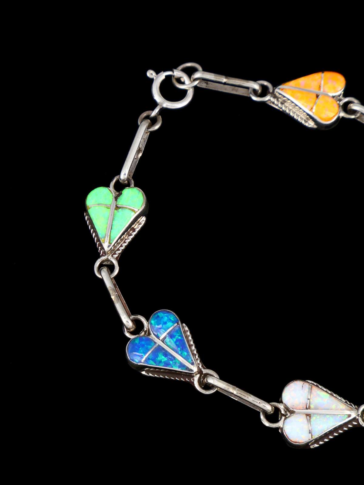 Native American Jewelry Zuni Inlay Opalite Heart Link Bracelet - PuebloDirect.com