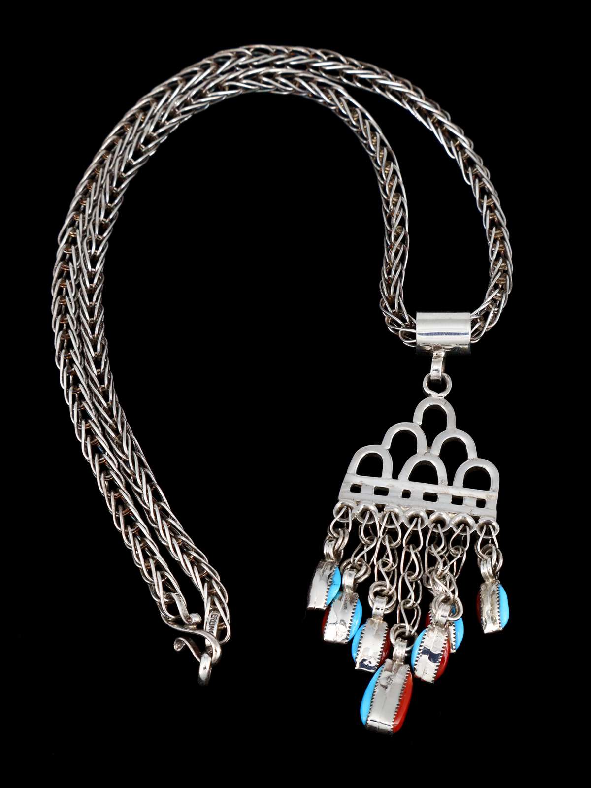 Zuni Pueblo Sterling Silver Turquoise and Coral Rain Cloud Necklace - PuebloDirect.com