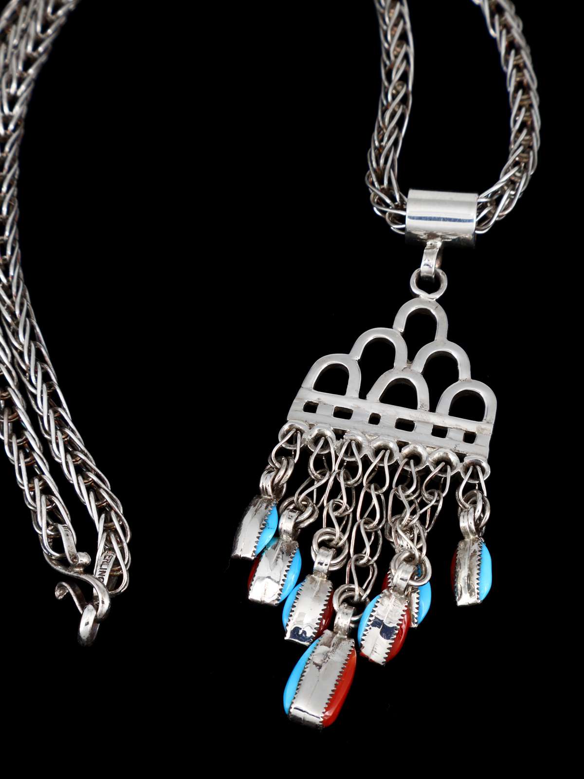 Zuni Pueblo Sterling Silver Turquoise and Coral Rain Cloud Necklace - PuebloDirect.com