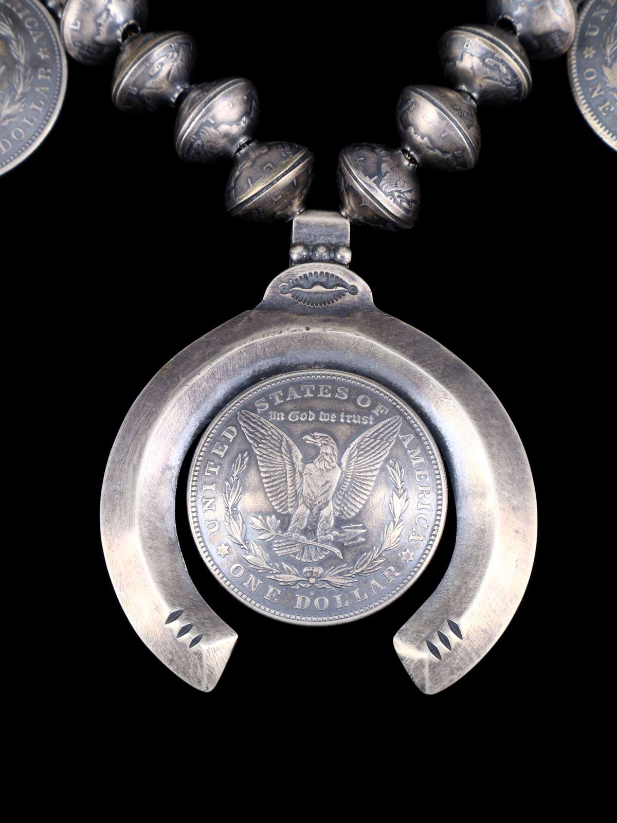 Native American Jewelry Morgan Silver Dollar Squash Blossom Necklace