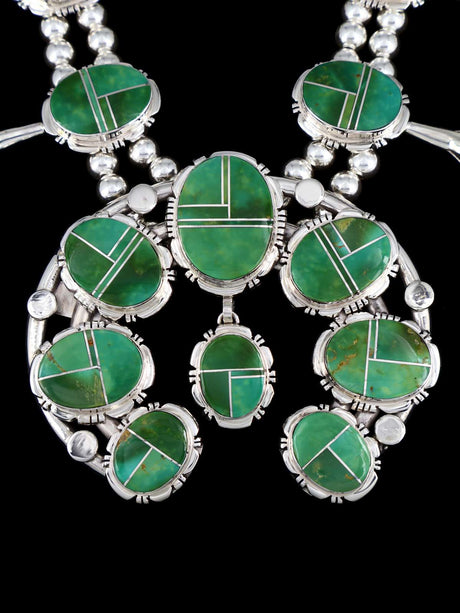 Hardy Pit Kingman Turquoise Inlay Sterling Silver Squash Blossom Necklace Set