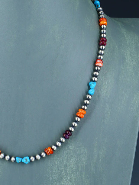 Native American Multi-stone and Silver Bead Necklace - PuebloDirect.com