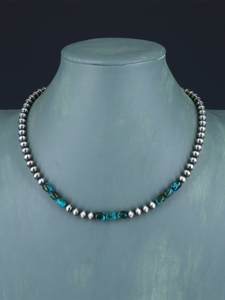 Native American Turquoise and Silver Bead Necklace - PuebloDirect.com