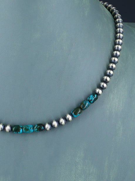Native American Turquoise and Silver Bead Necklace - PuebloDirect.com