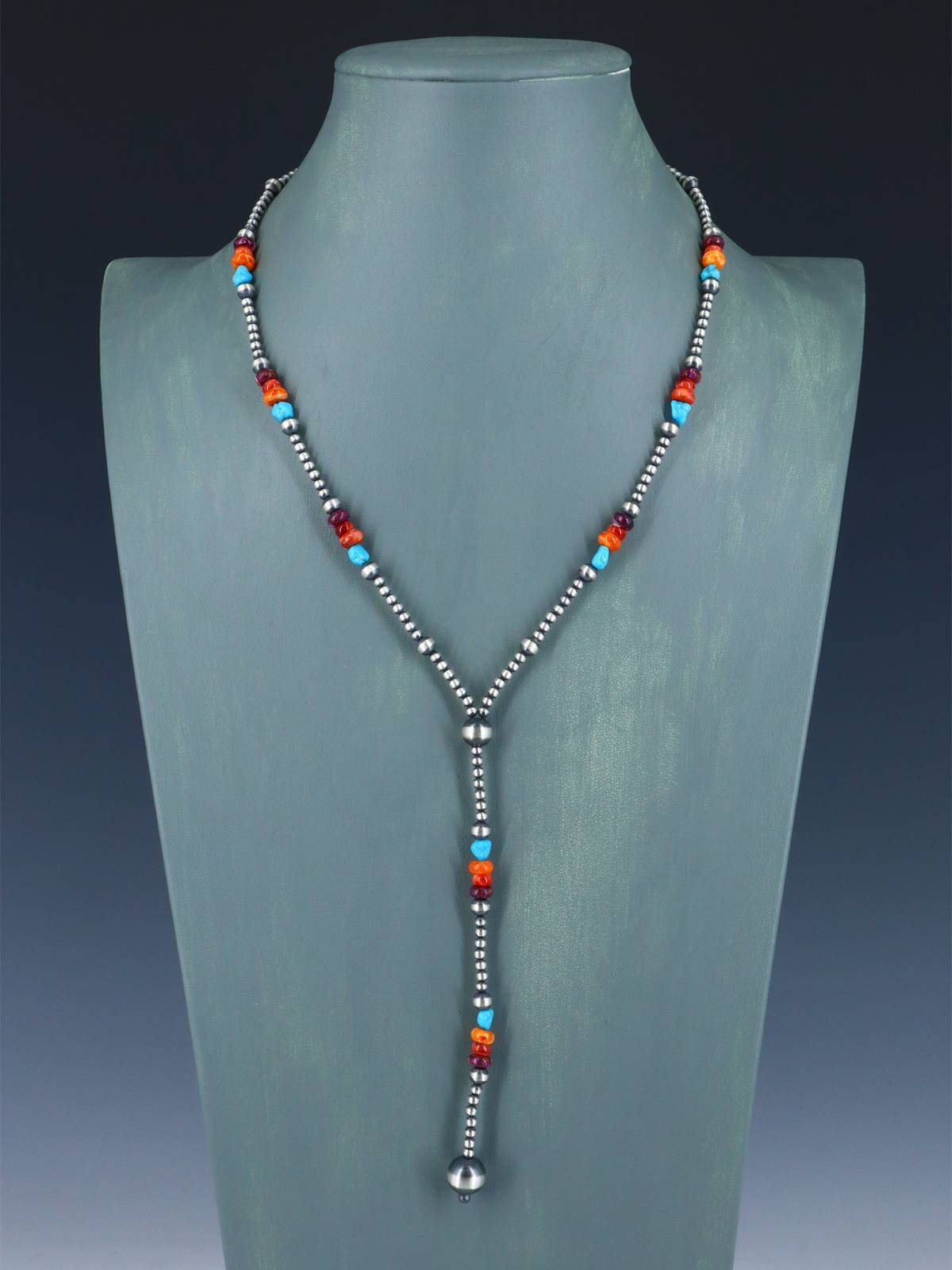 Native American Multi-stone and Silver Bead Lariat Necklace - PuebloDirect.com