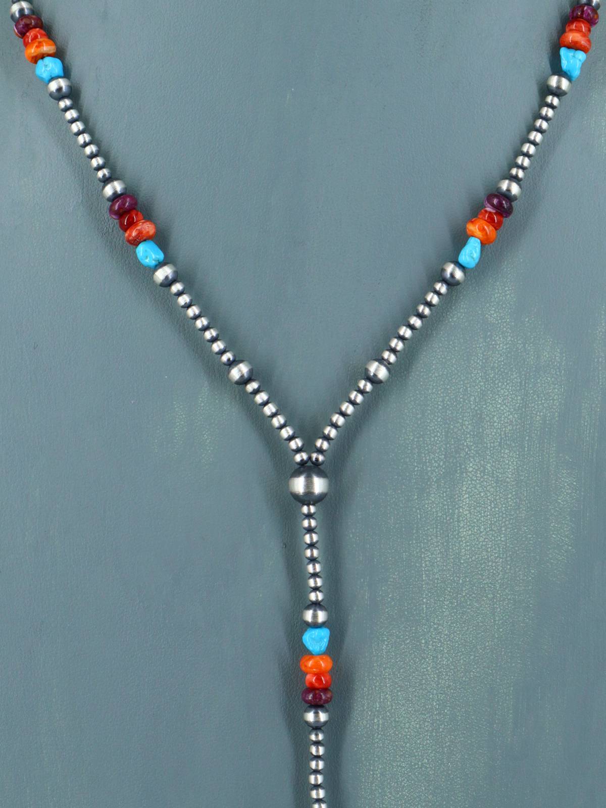 Native American Multi-stone and Silver Bead Lariat Necklace - PuebloDirect.com