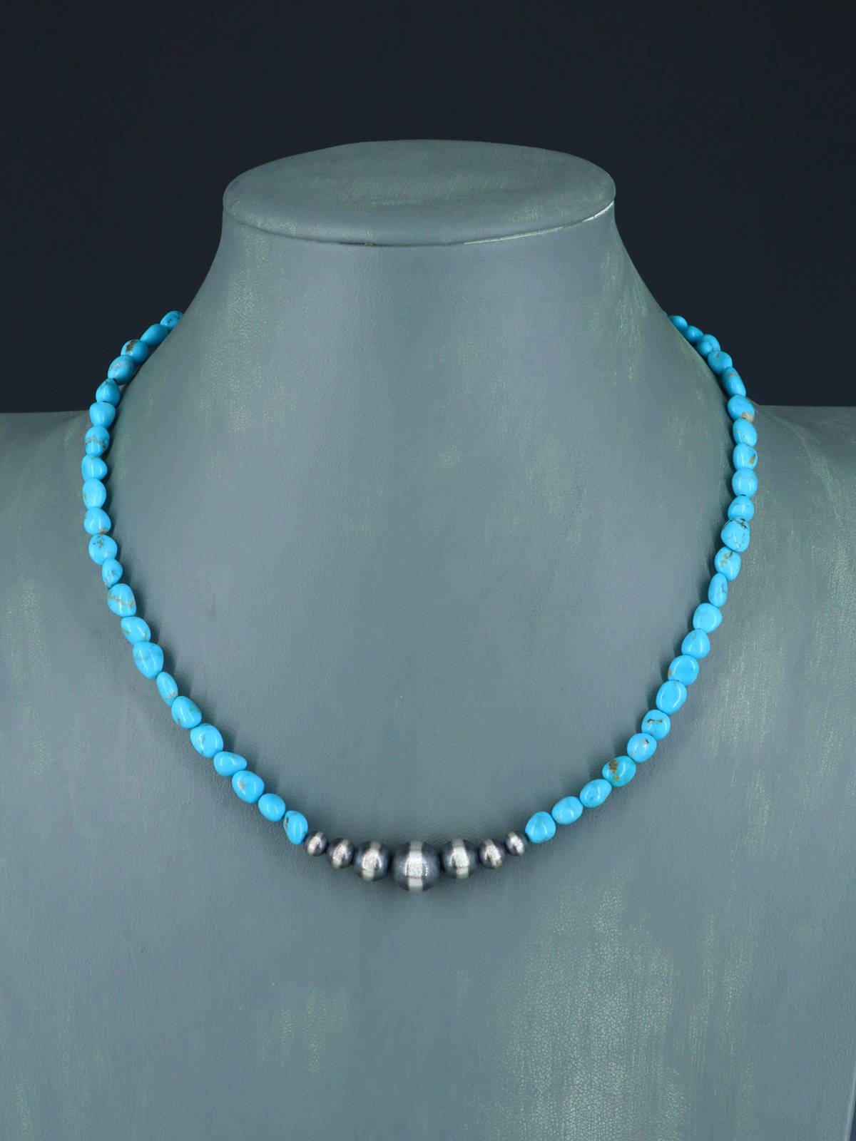 Native American Turquoise and Silver Bead Necklace - PuebloDirect.com