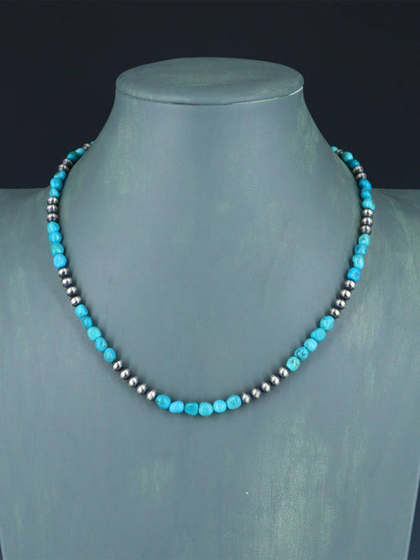 Native American Turquoise and Silver Bead Necklace - PuebloDirect.com