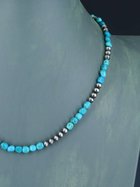 Native American Turquoise and Silver Bead Necklace - PuebloDirect.com