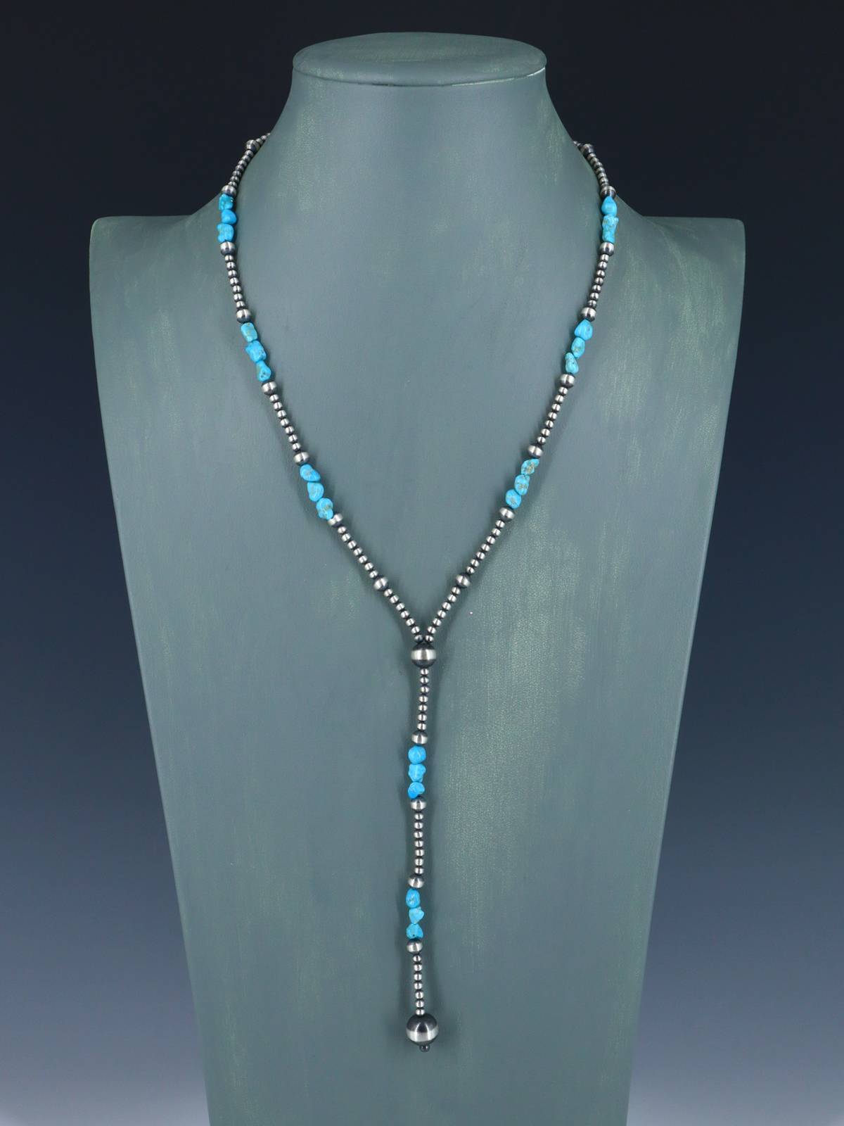Native American Turquoise and Silver Bead Lariat Necklace - PuebloDirect.com