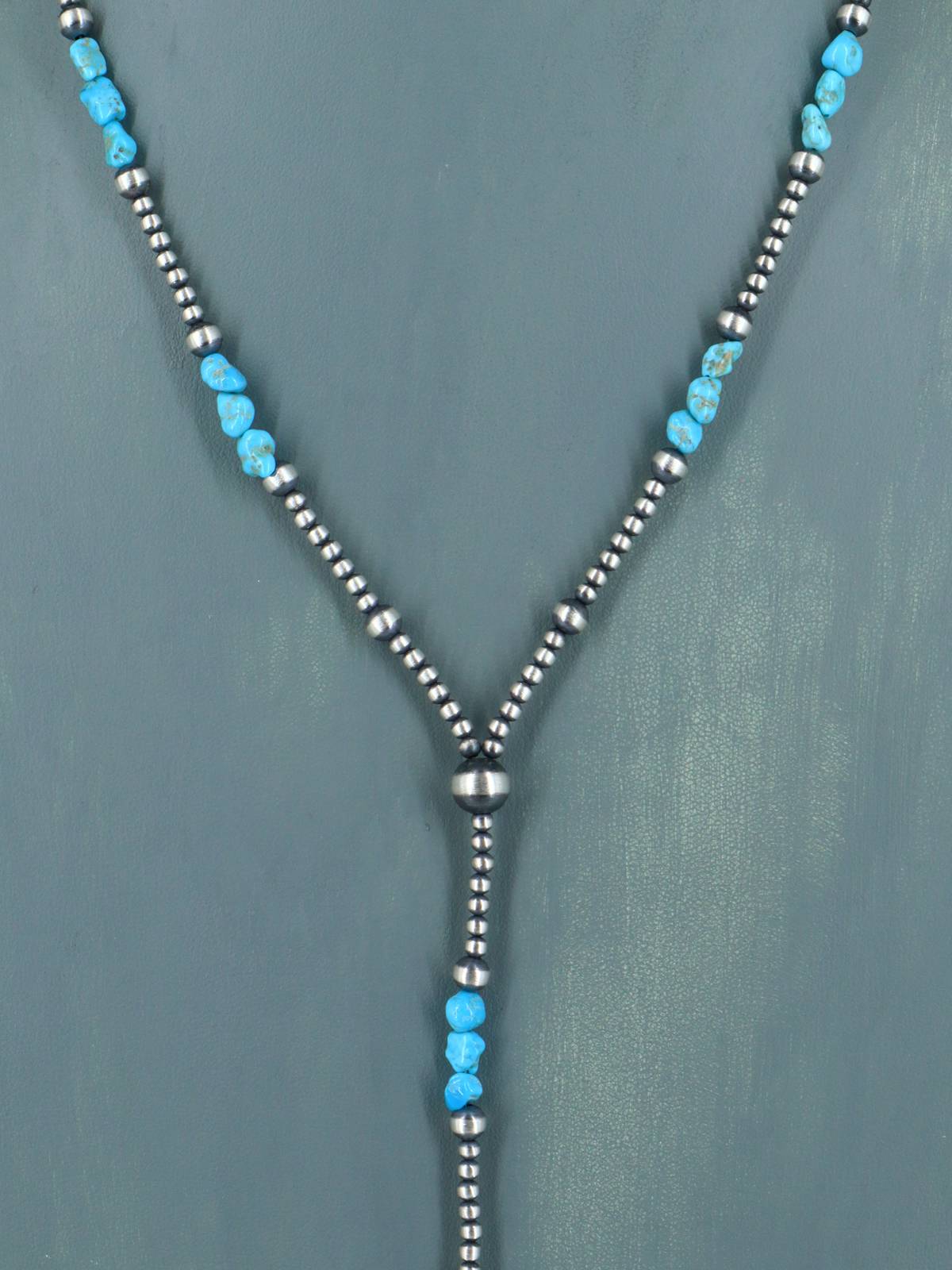 Native American Turquoise and Silver Bead Lariat Necklace - PuebloDirect.com